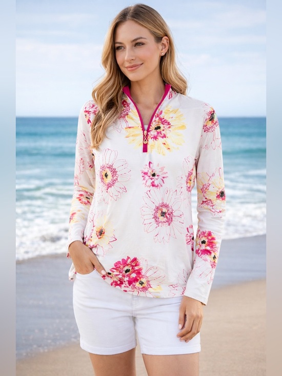 Sal Soleil Floral Quarter Zip Pullover Top Pink Yellow White - Picture 2 of 7